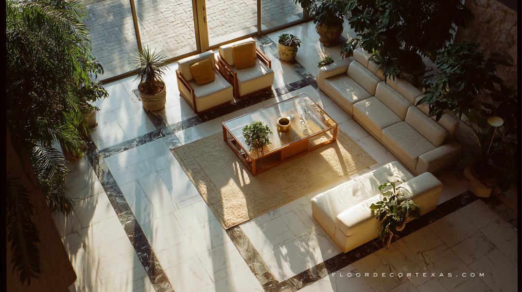 Living room with marble floors and granite accents showing design harmony