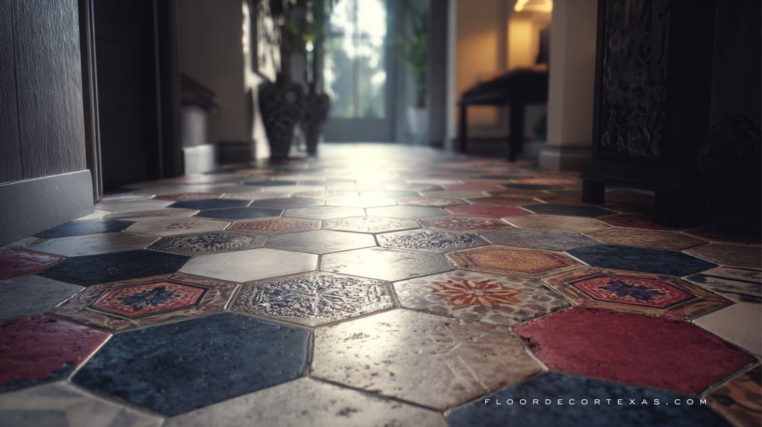 Hexagonal and asymmetrical tile shapes in hallway with traditional decor