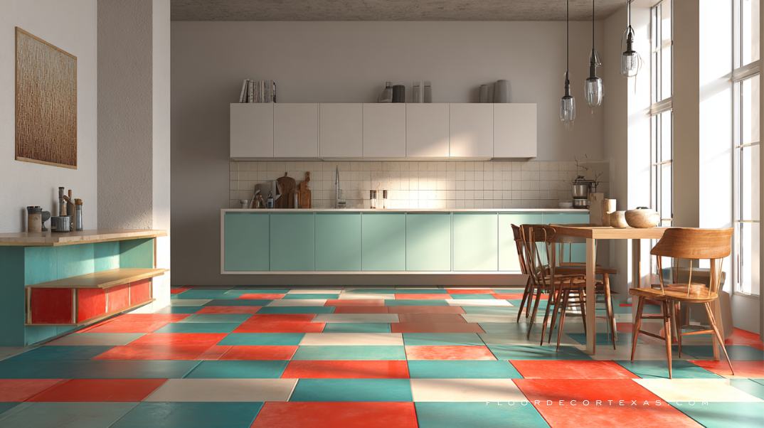 Bright red and teal floor tiles clashing with neutral kitchen design