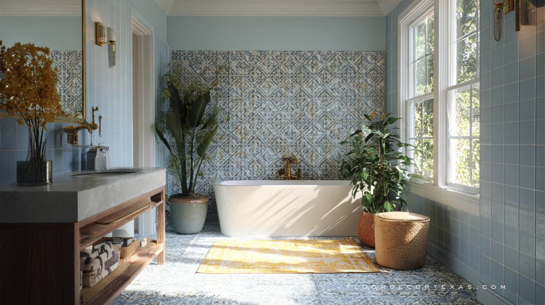 Bathroom with patterned accent wall and colored tile palette