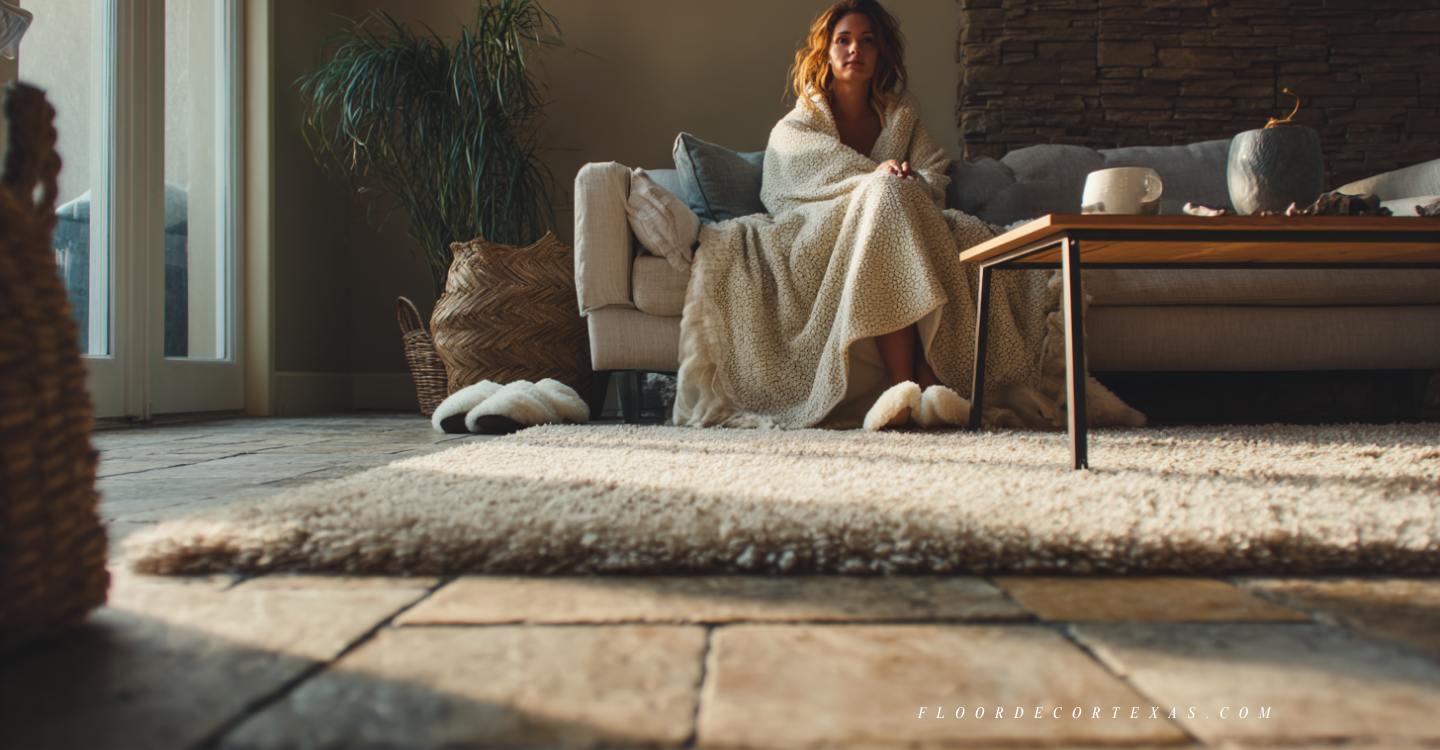 Living room with tile floor, area rug, and blanket to offset cold surface