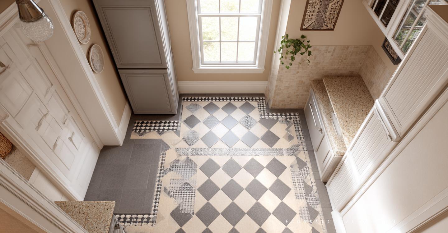 Cutaway of checkerboard tile pattern and border in budget-friendly Texas home mudroom