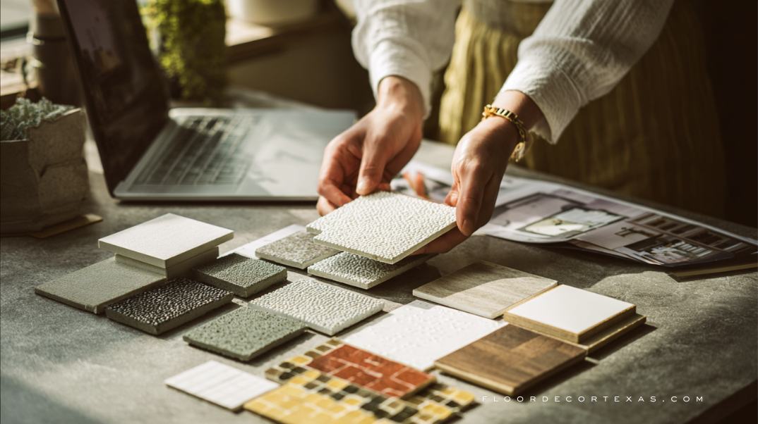 Homeowner reviewing affordable bathroom tile samples on counter
