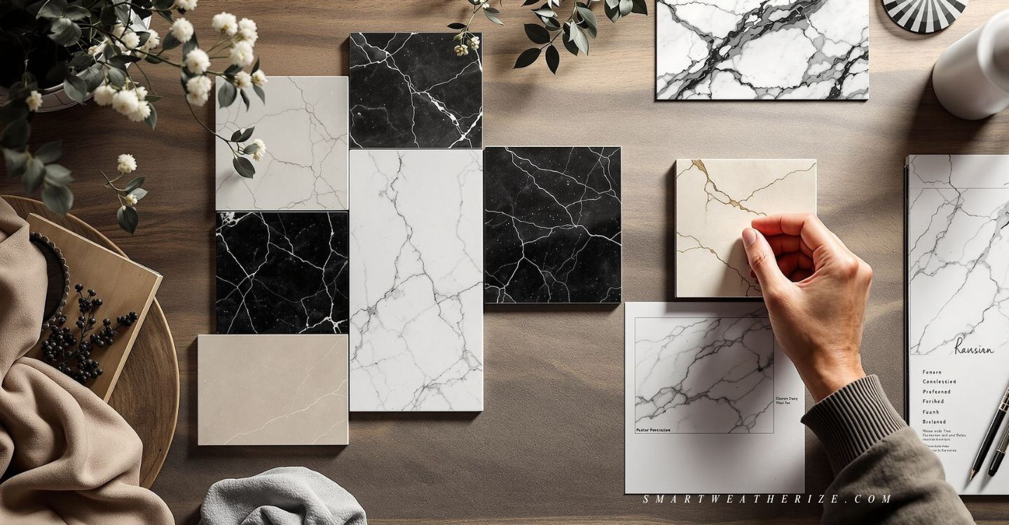 Designer arranging checkered marble tile samples in various tones and finishes on mood board