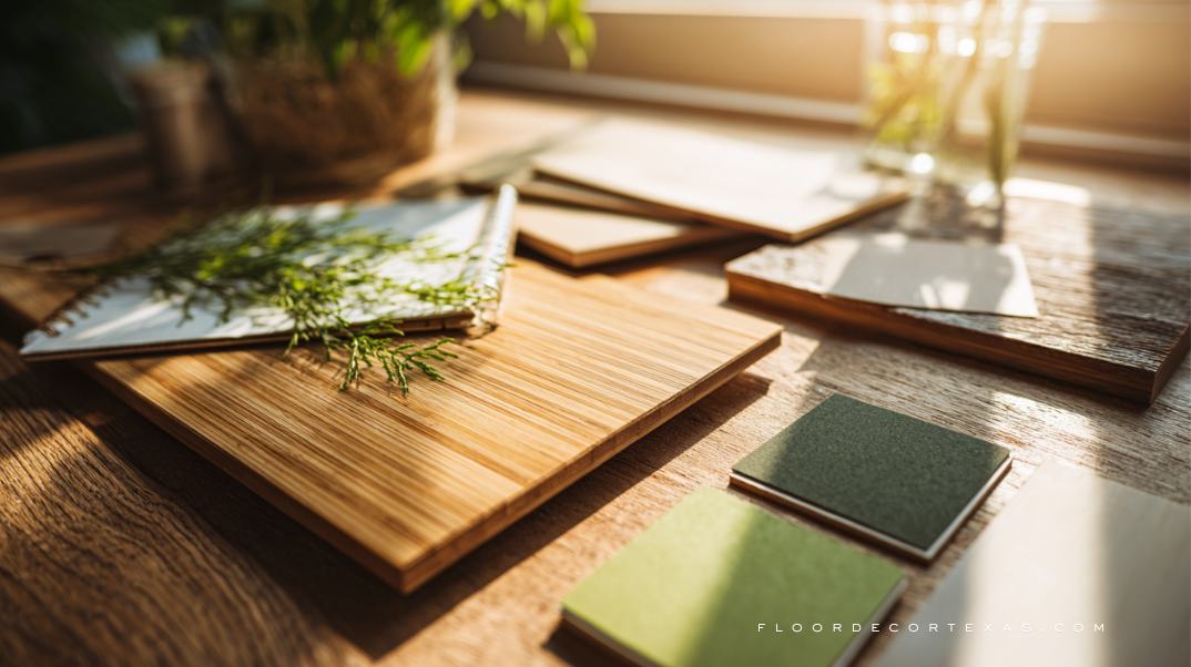 Eco-friendly flooring samples of bamboo, cork, and reclaimed wood on a table