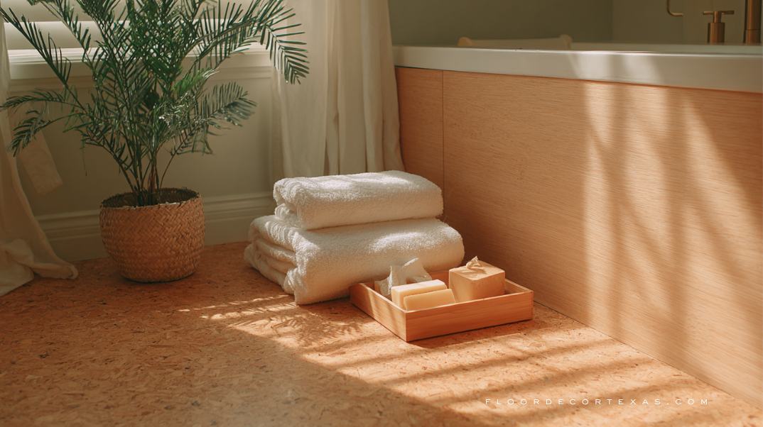 Soft cork flooring in serene bathroom with eco-friendly decor and plants