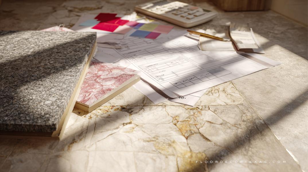 Granite and marble floor tiles with budget papers and calculator on table