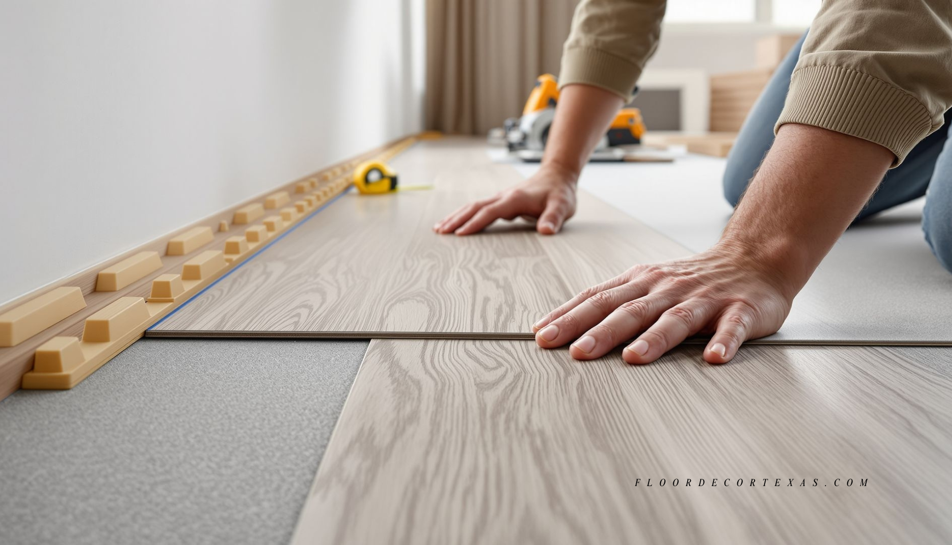Hands installing click-lock laminate planks over underlayment with tools visible