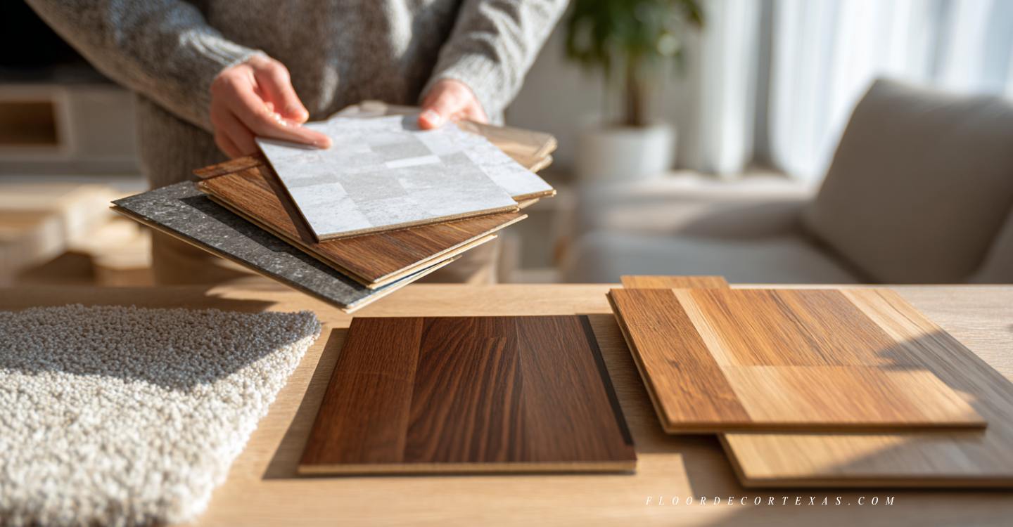 Person comparing tile, hardwood, and carpet samples in living room