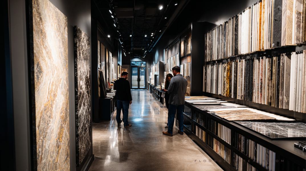 Texas homeowners and designers choosing between granite and marble flooring in a showroom