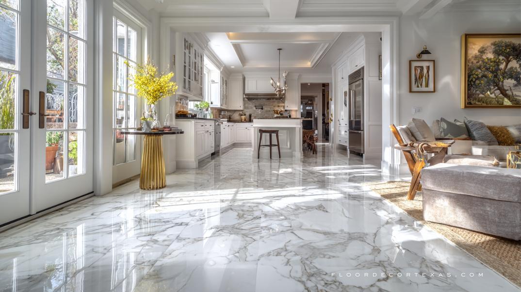 Visual comparison of granite in high-traffic entryway vs. marble in formal foyer