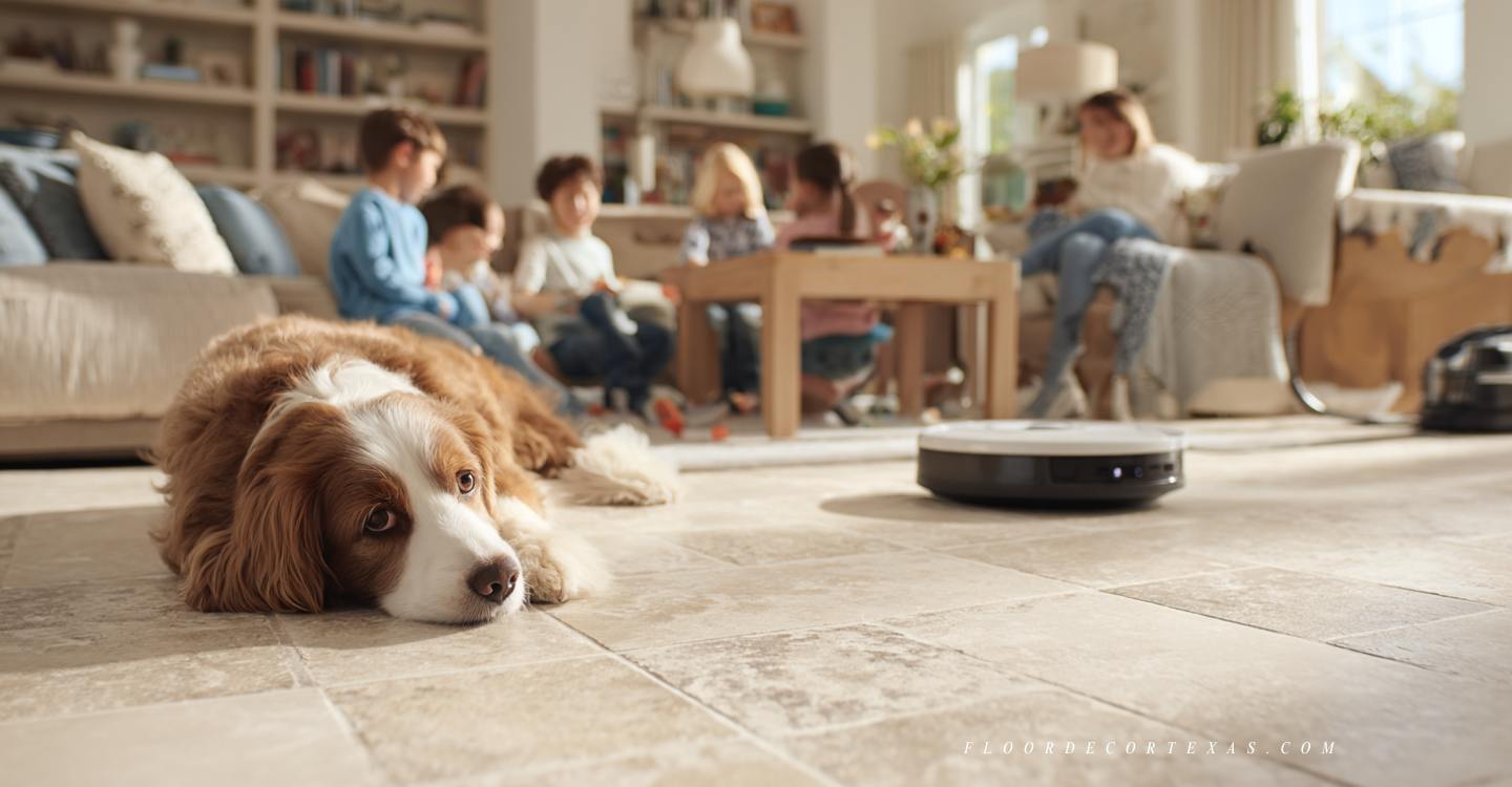 Family living room with durable tile floor, kids playing and dog resting