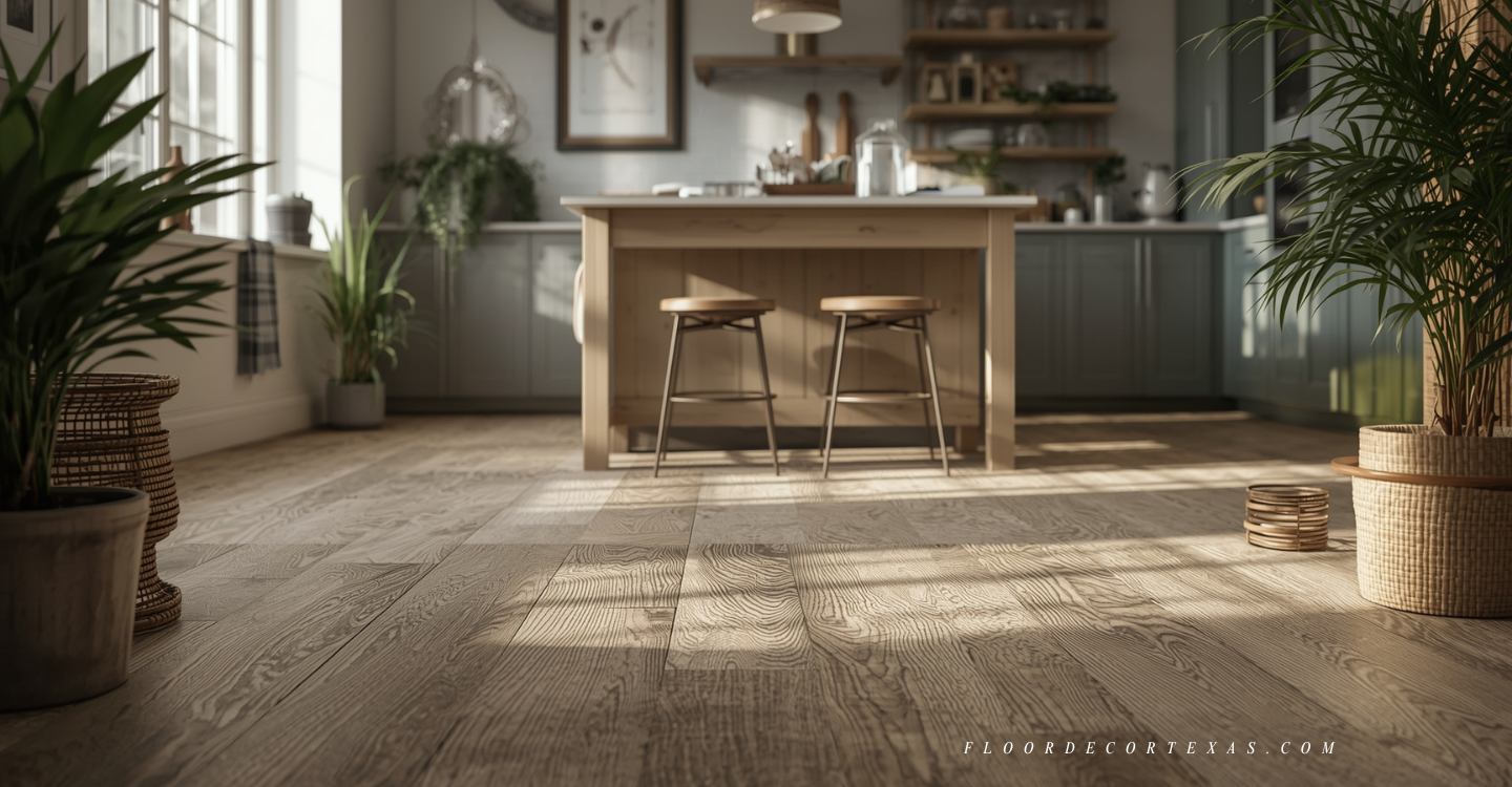 Sustainable living space with stone-look vinyl flooring, barefoot comfort, and indoor plants