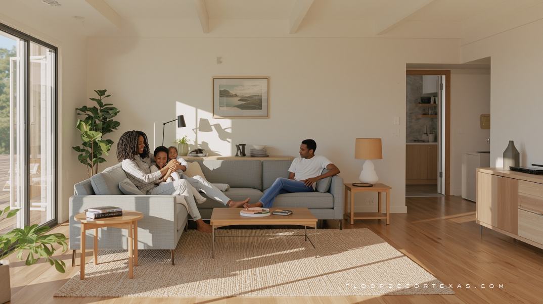 Diverse family enjoying time together on reclaimed wood flooring in eco-friendly home