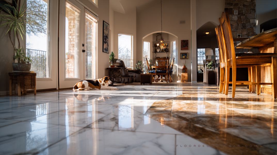 Side-by-side rooms showing granite flooring for durability and marble flooring for elegance in a Texas home