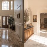 Split-view of granite and marble flooring in a modern Texas home with family activity