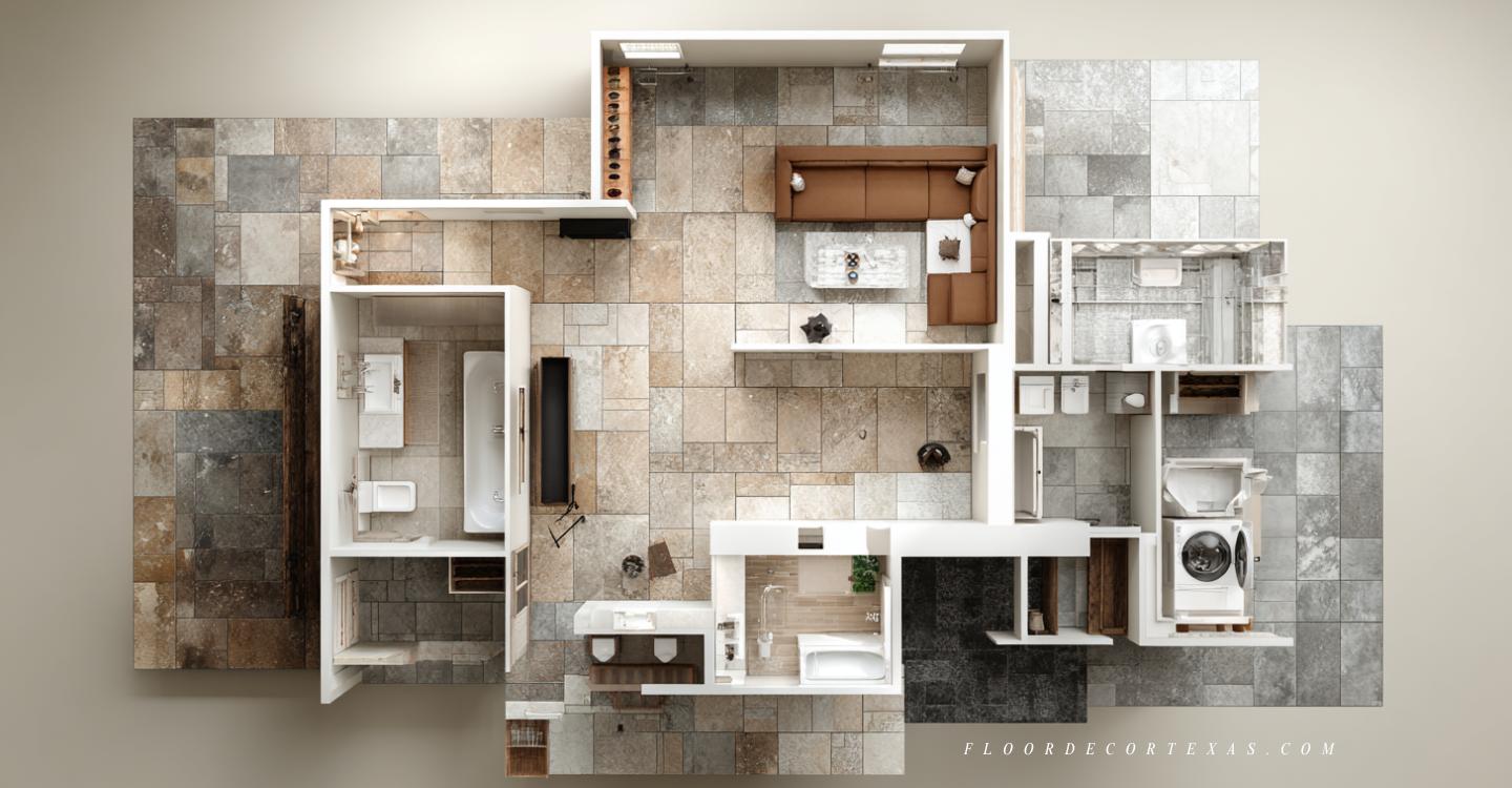 Cutaway view showing floor tile plan with ceramic, porcelain, and textured tile in a Texas home layout