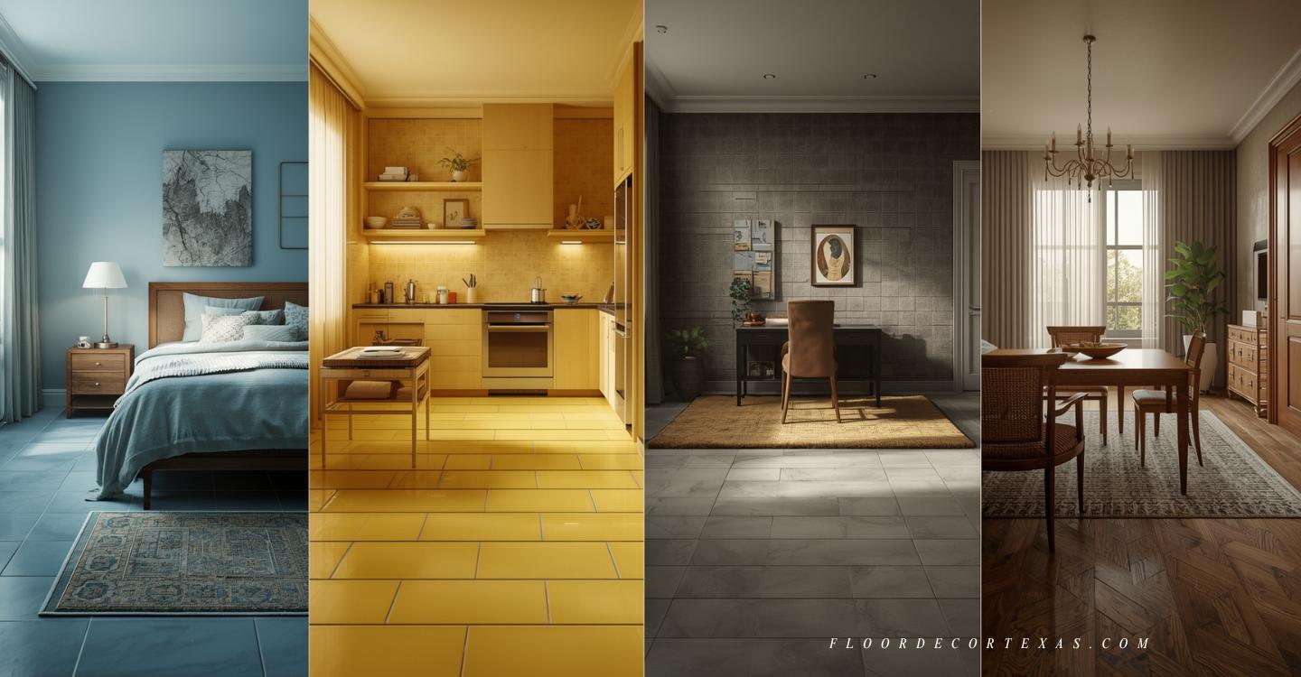 Rooms showcasing modern, traditional, and rustic styles with coordinating floor tiles in grey, brown, and terracotta