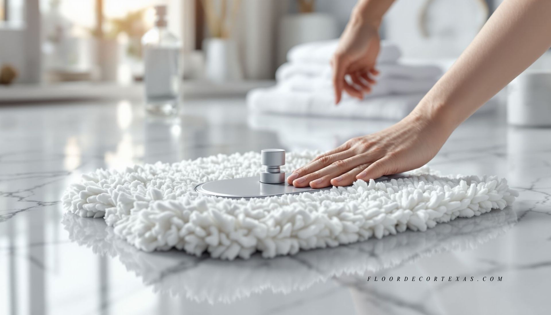Microfiber mop and pH-neutral cleaner being used to clean polished marble floors