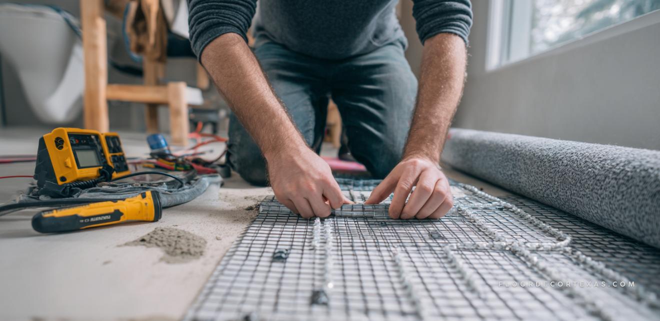 Man on his knees installing heated floor tiles