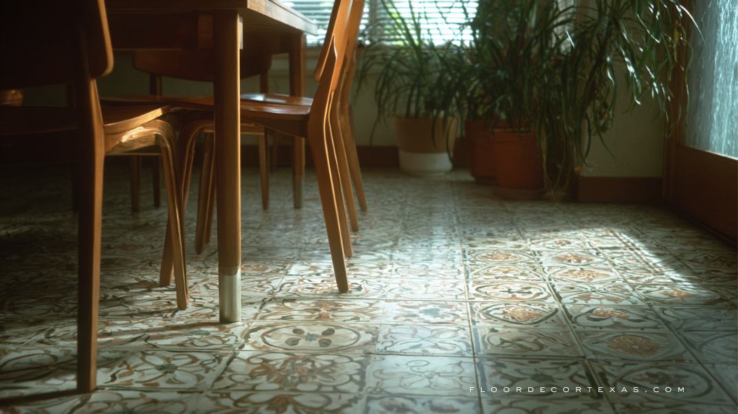 Busy tile floor patterns overpowering a modern dining room