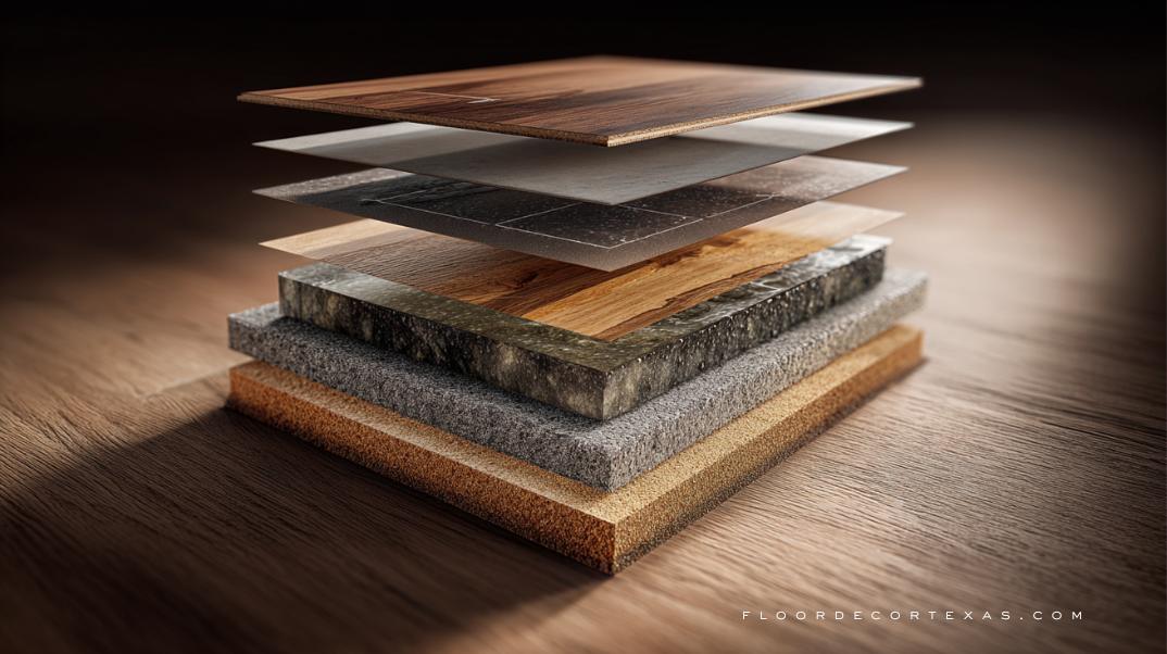 Visual breakdown of laminate flooring layers including HDF core and protective overlay
