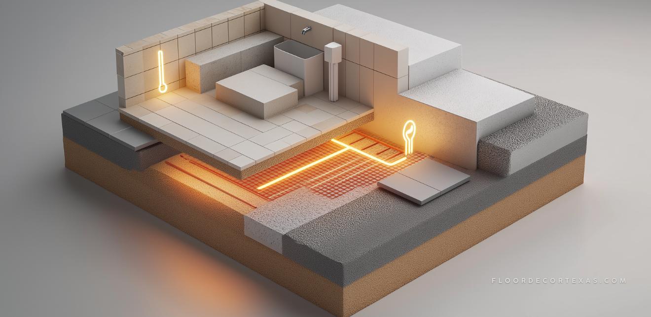Cutaway of heated floor technology