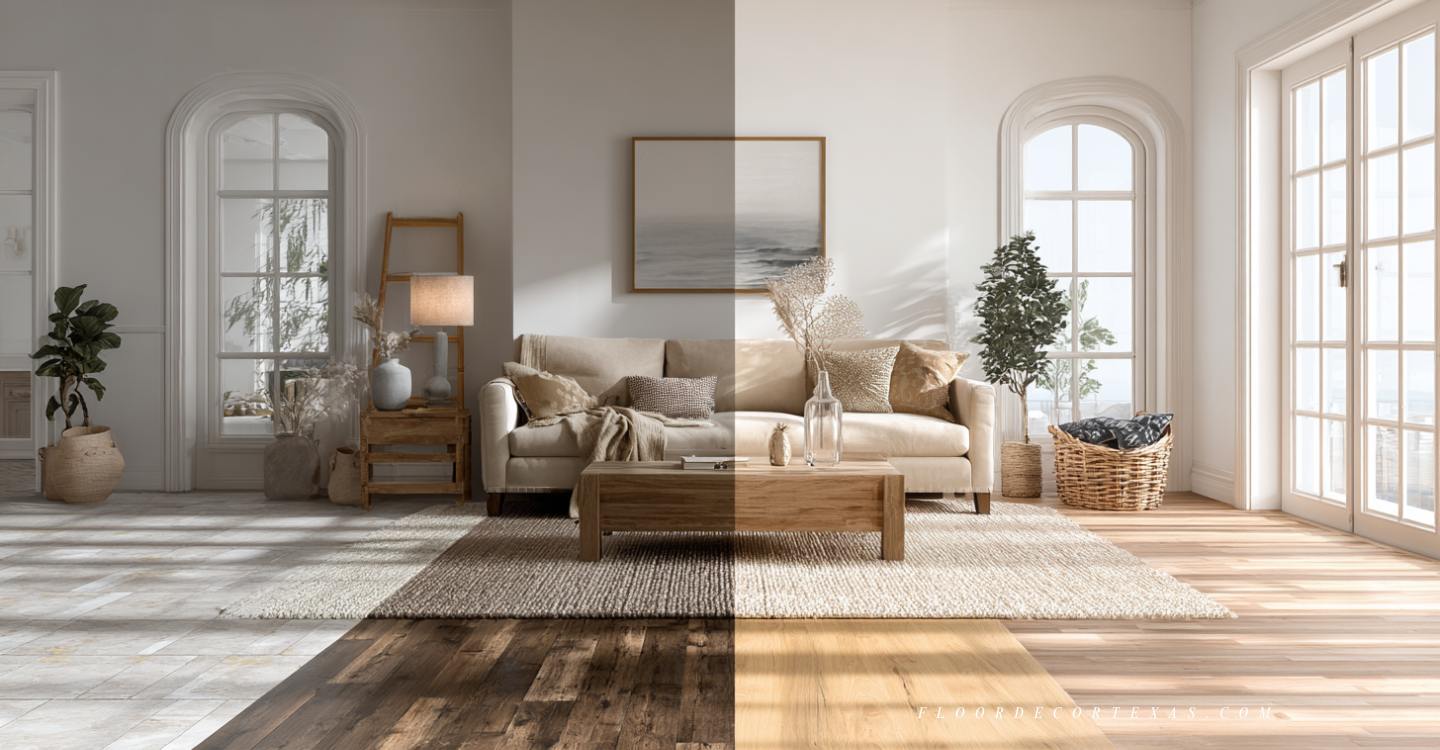 Split image showing tile, hardwood, and carpet flooring in similar living room setups