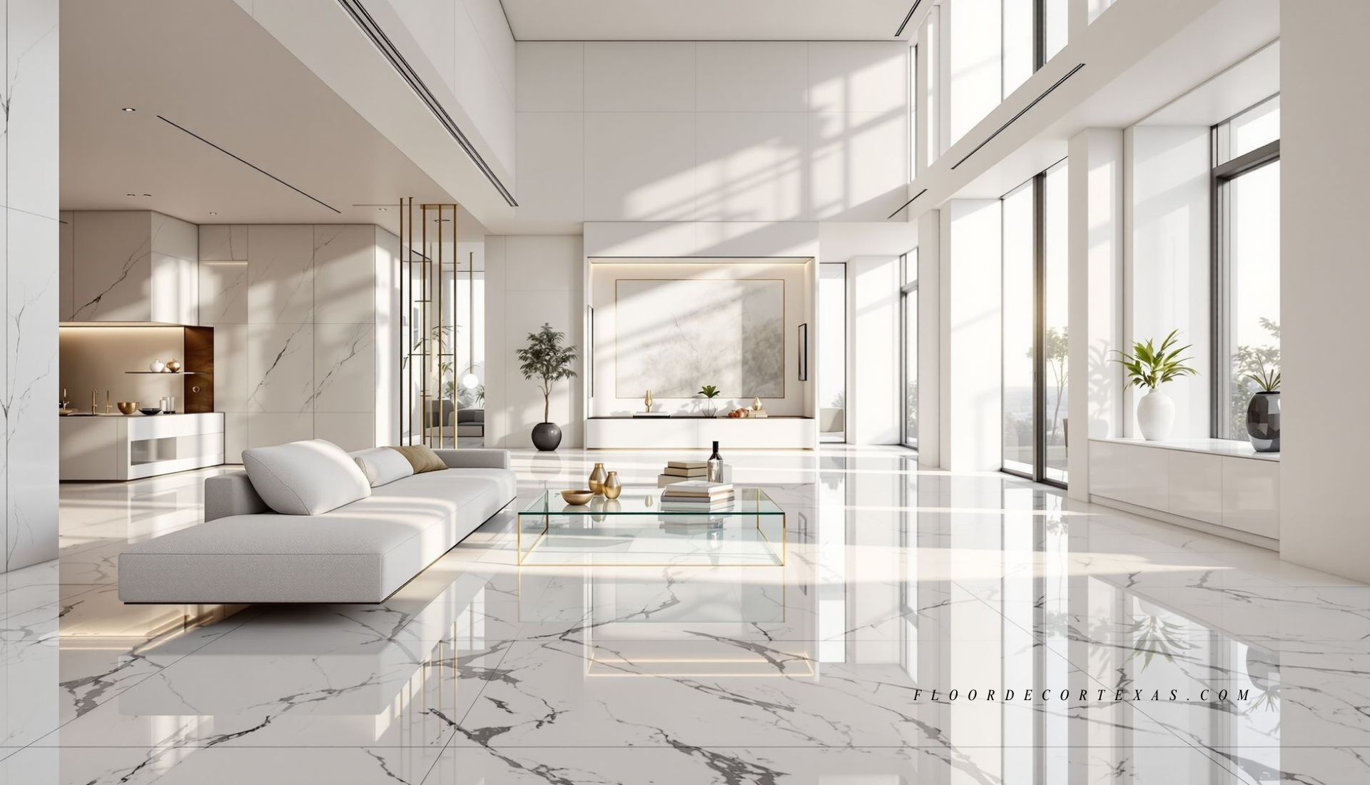 Elegant room featuring polished marble floors with natural veining in a high-end interior design setting