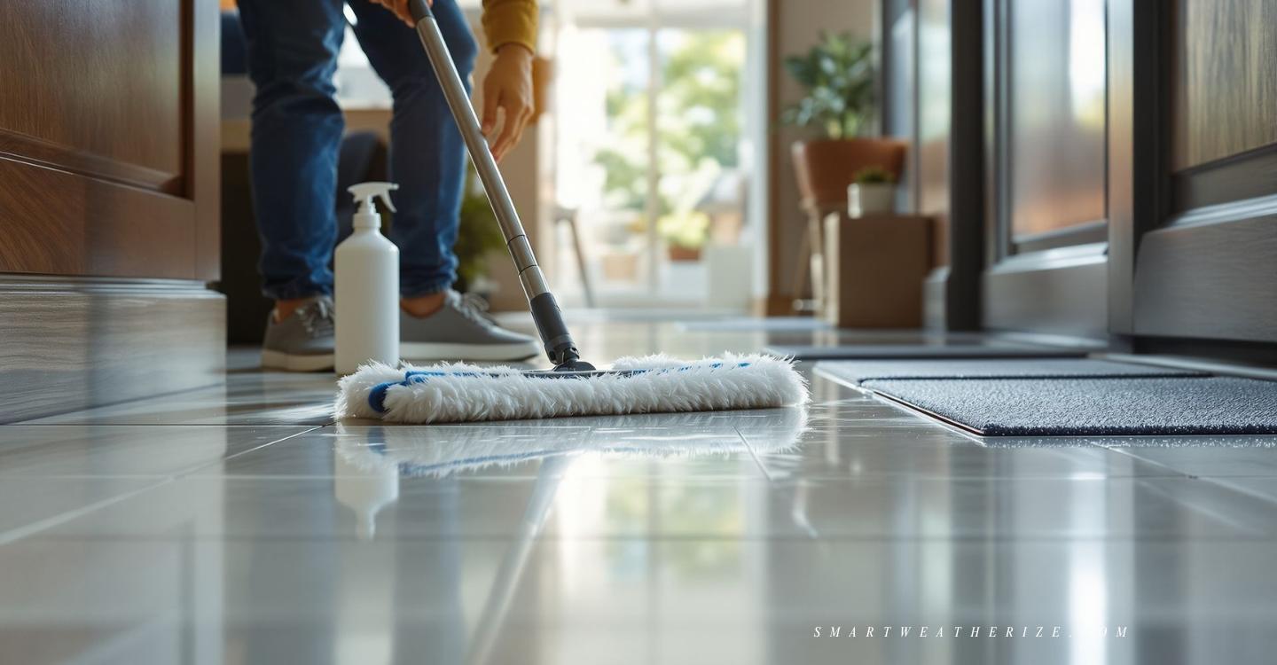 Homeowner mopping stone tile floor with sunlight highlighting clean surface and protective measures