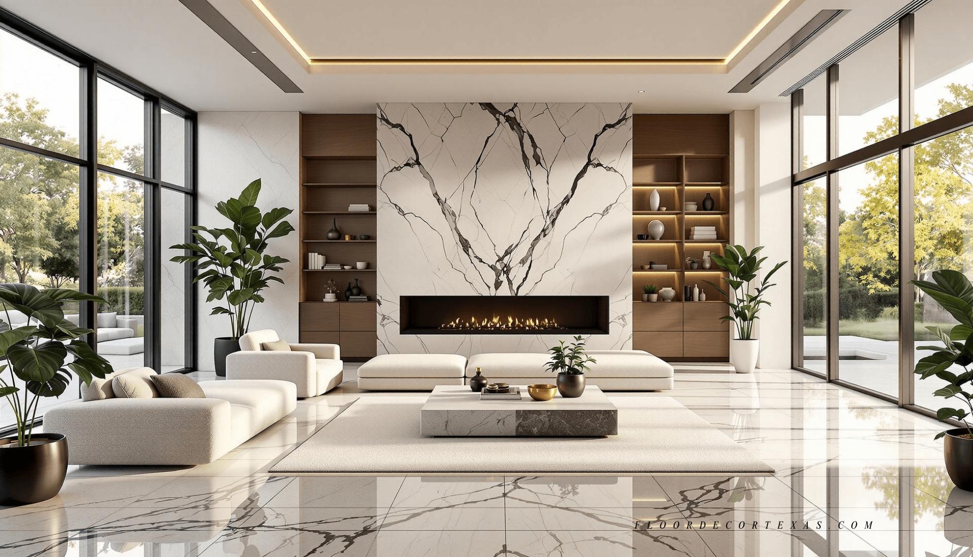 Polished marble tile flooring in a bright, elegant living room with neutral furnishings and natural light