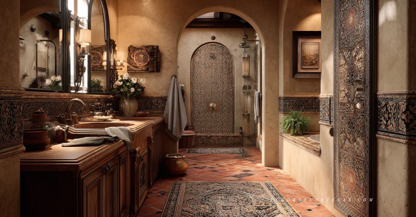 Spanish-inspired bathroom with terracotta mosaic tile rug and arabesque mosaic niche in the shower
