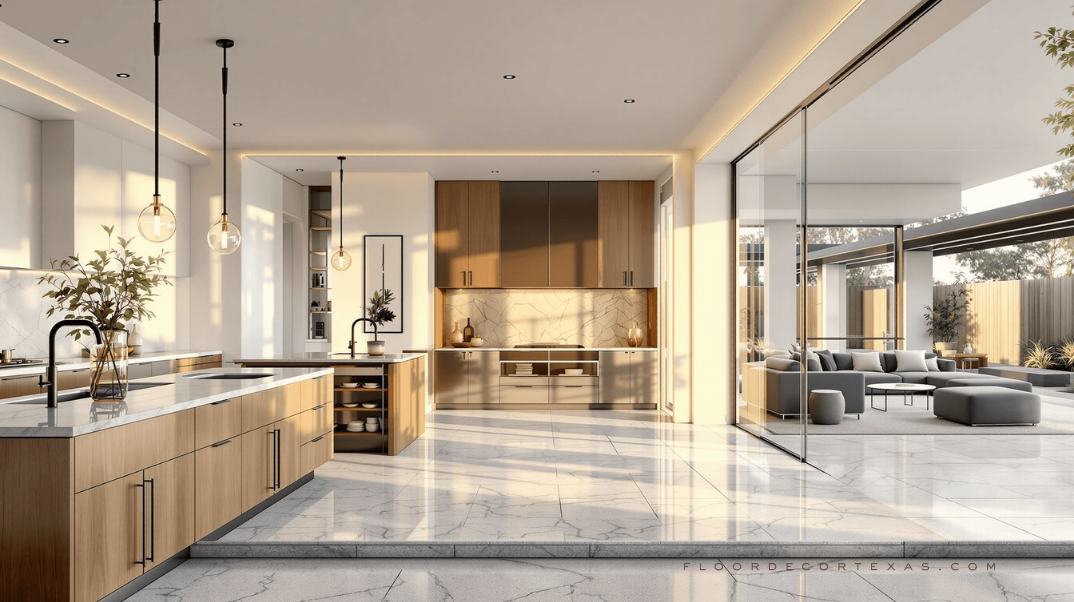 Texas home interior showing granite and marble flooring by room with labeled material transitions