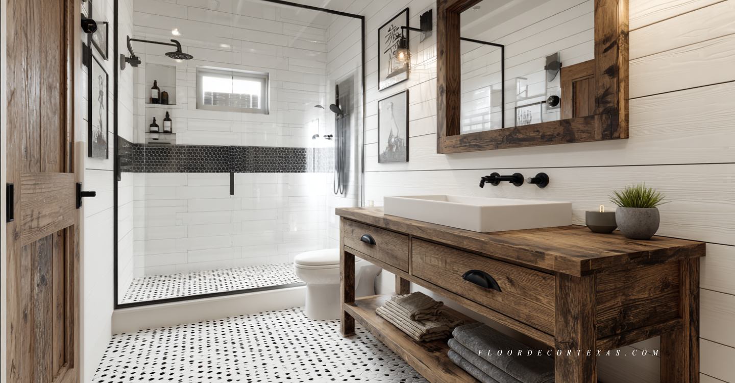 White hexagon and penny mosaic tile floor with glass accent strip in a modern farmhouse bathroom with black fixtures