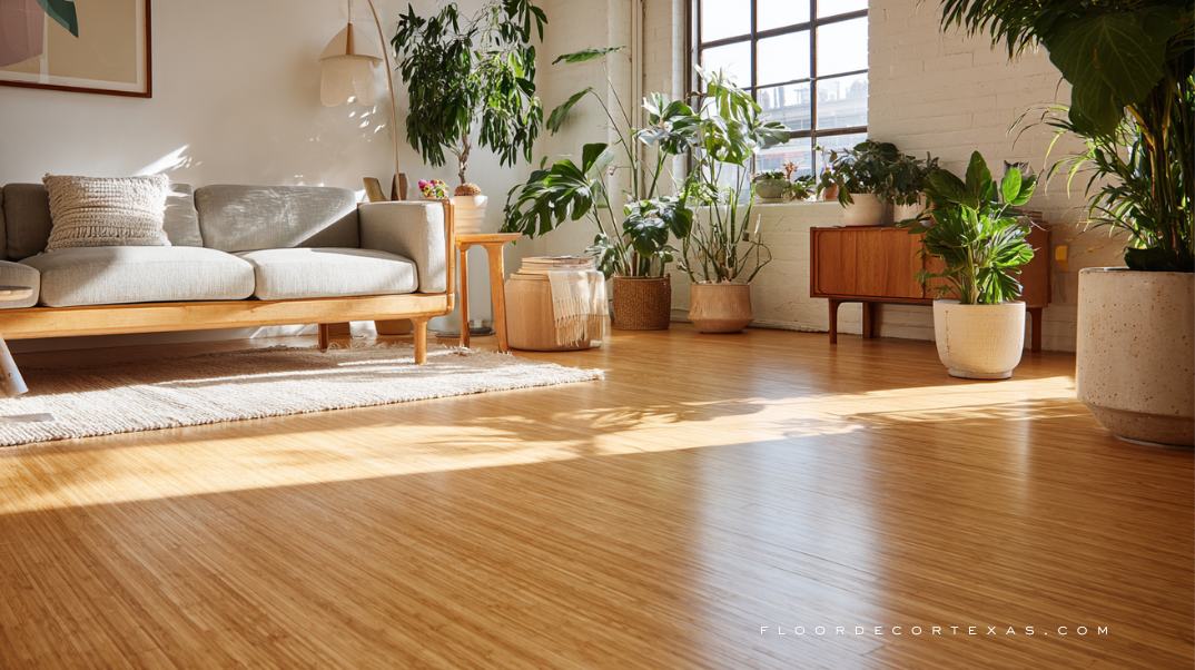 Warm bamboo floor in minimalist eco-friendly living room with plants and light decor