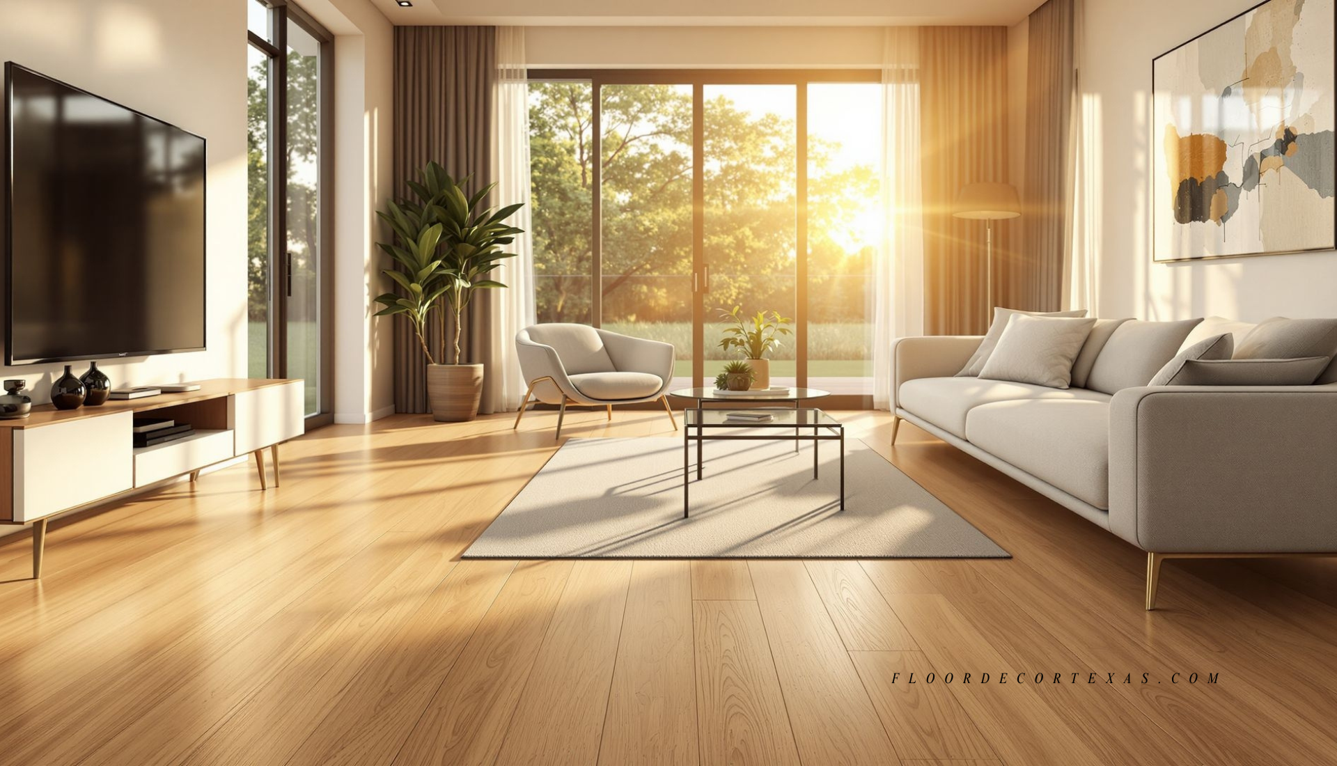 Contemporary living room featuring realistic wood-look laminate flooring in warm tones