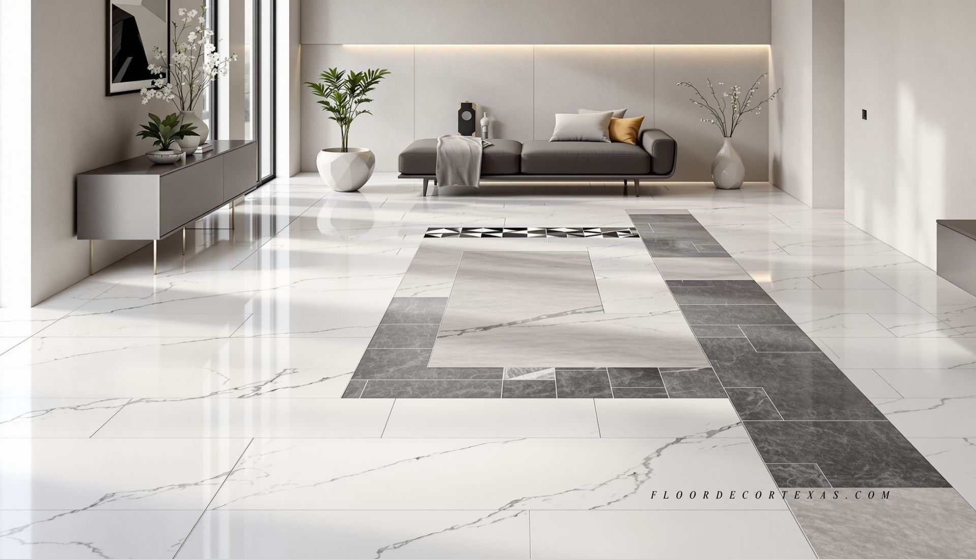 Contemporary interior highlighting large-format tiles, mixed stone types, and stone mosaic accents