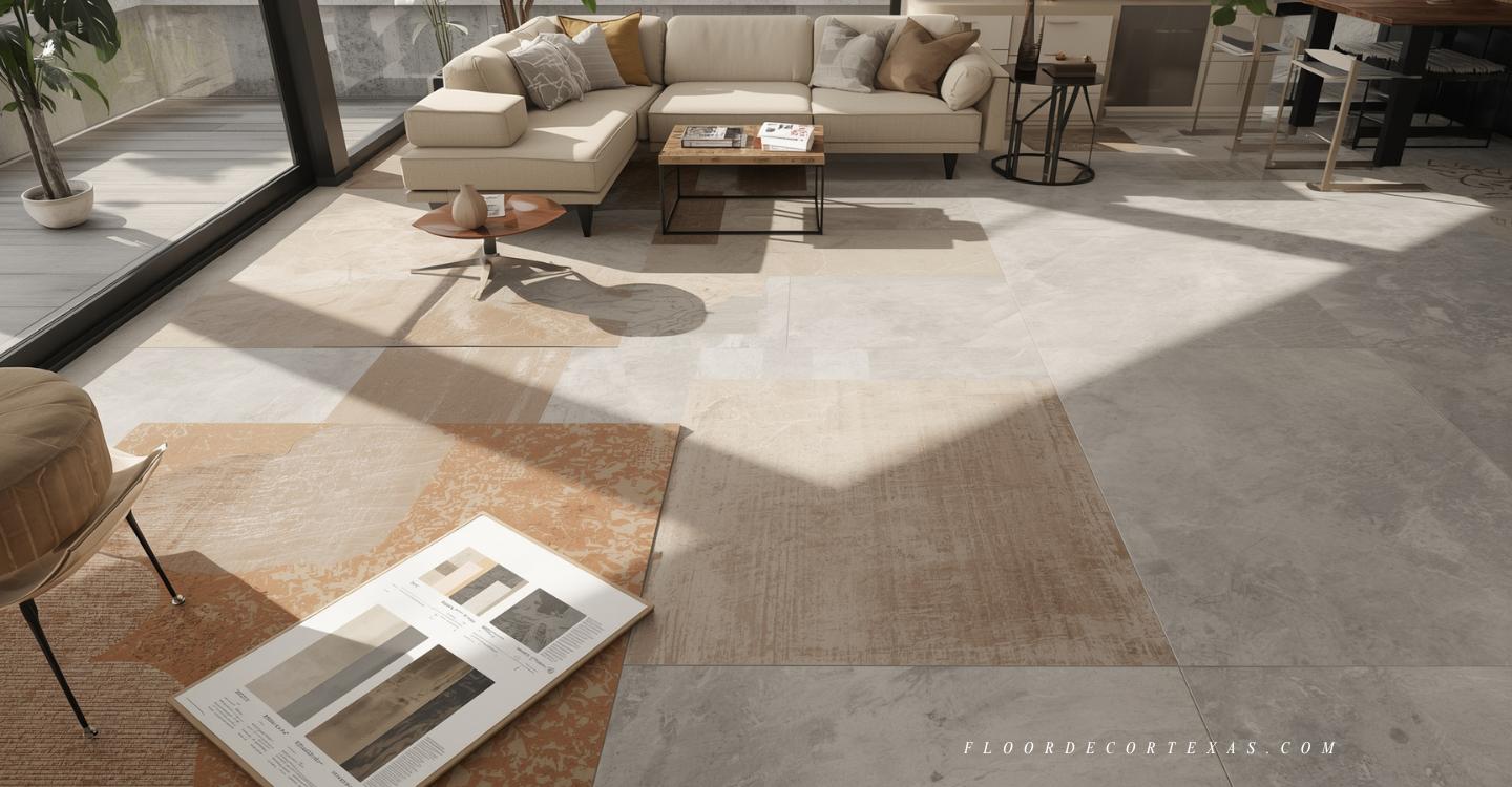 Modern living room with mood board and floor tiles in grey, beige, and terracotta tones under natural light
