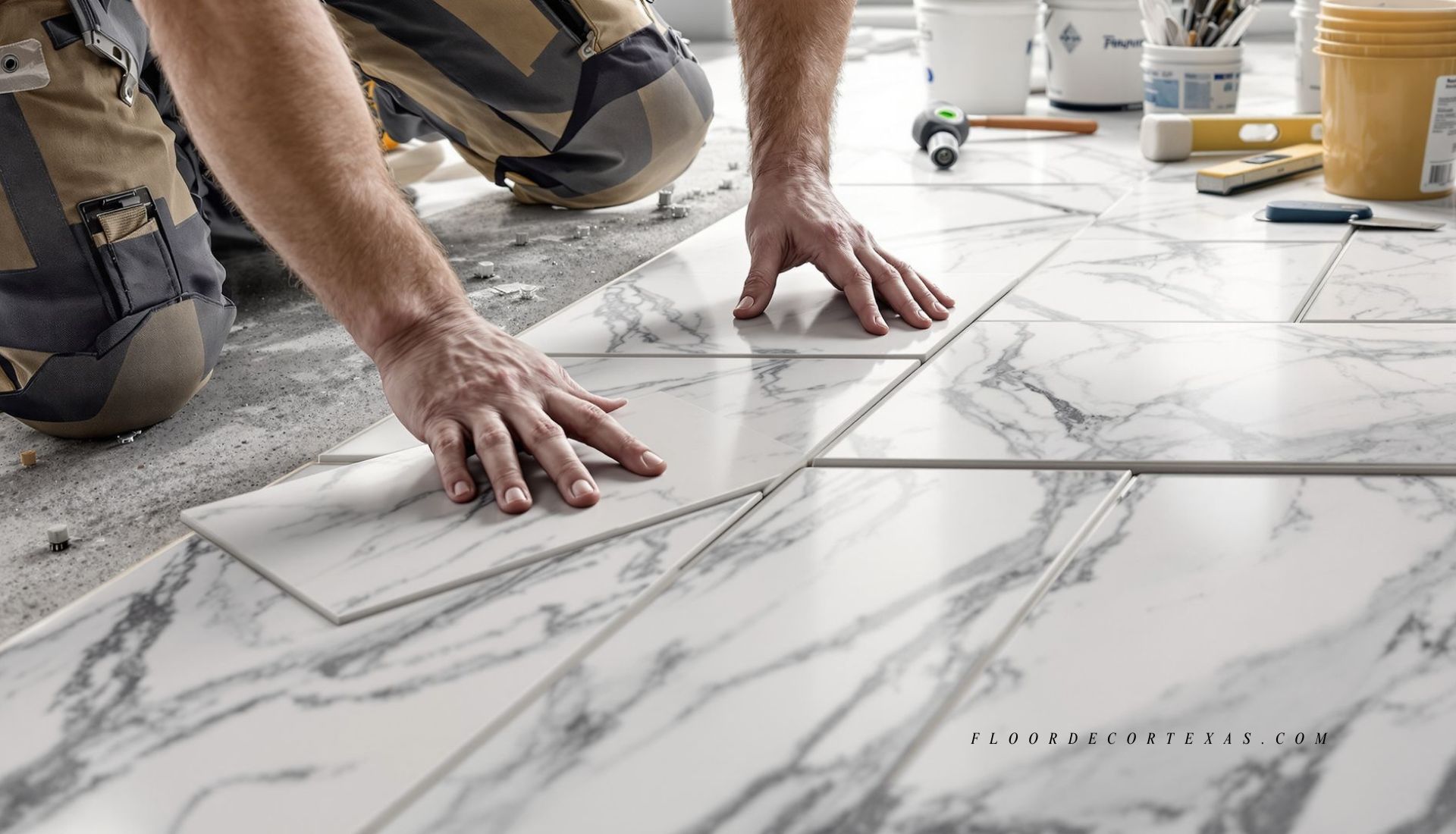 Hands positioning marble tiles during installation with tools and adhesive visible