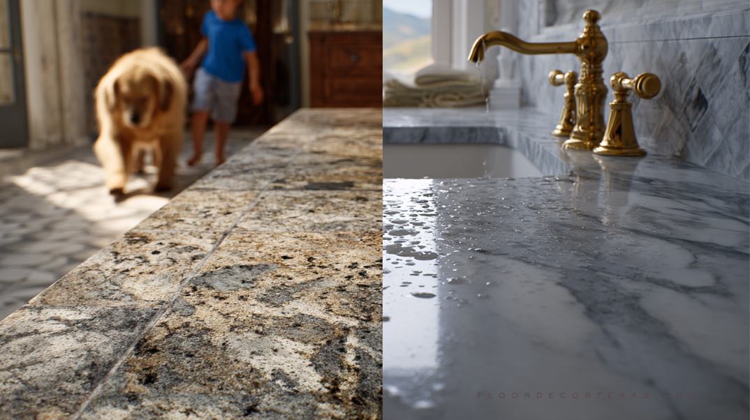 Granite floor on a sunlit patio and marble bathroom floor showing different maintenance scenarios