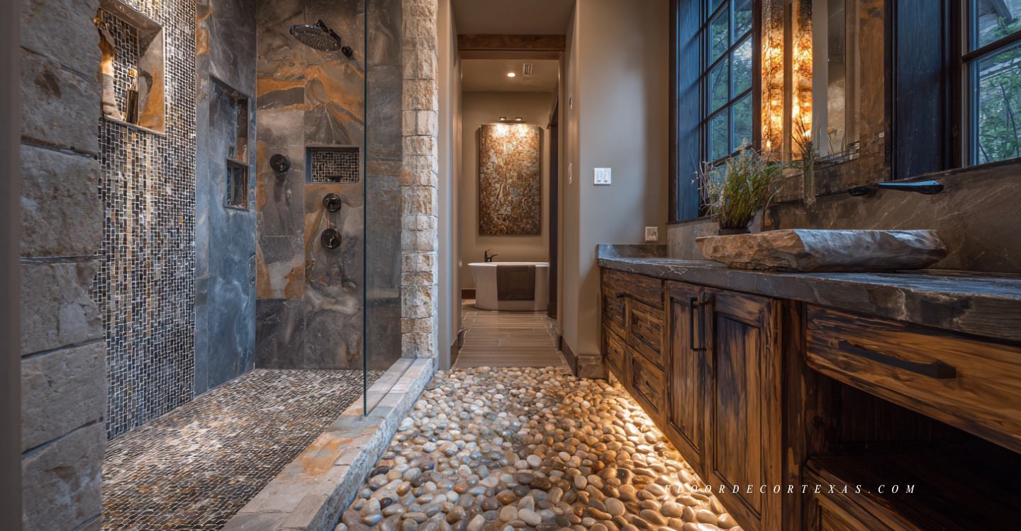 Hill Country bathroom with pebble mosaic floor, stone feature strip, and marble hex mosaic vanity wall