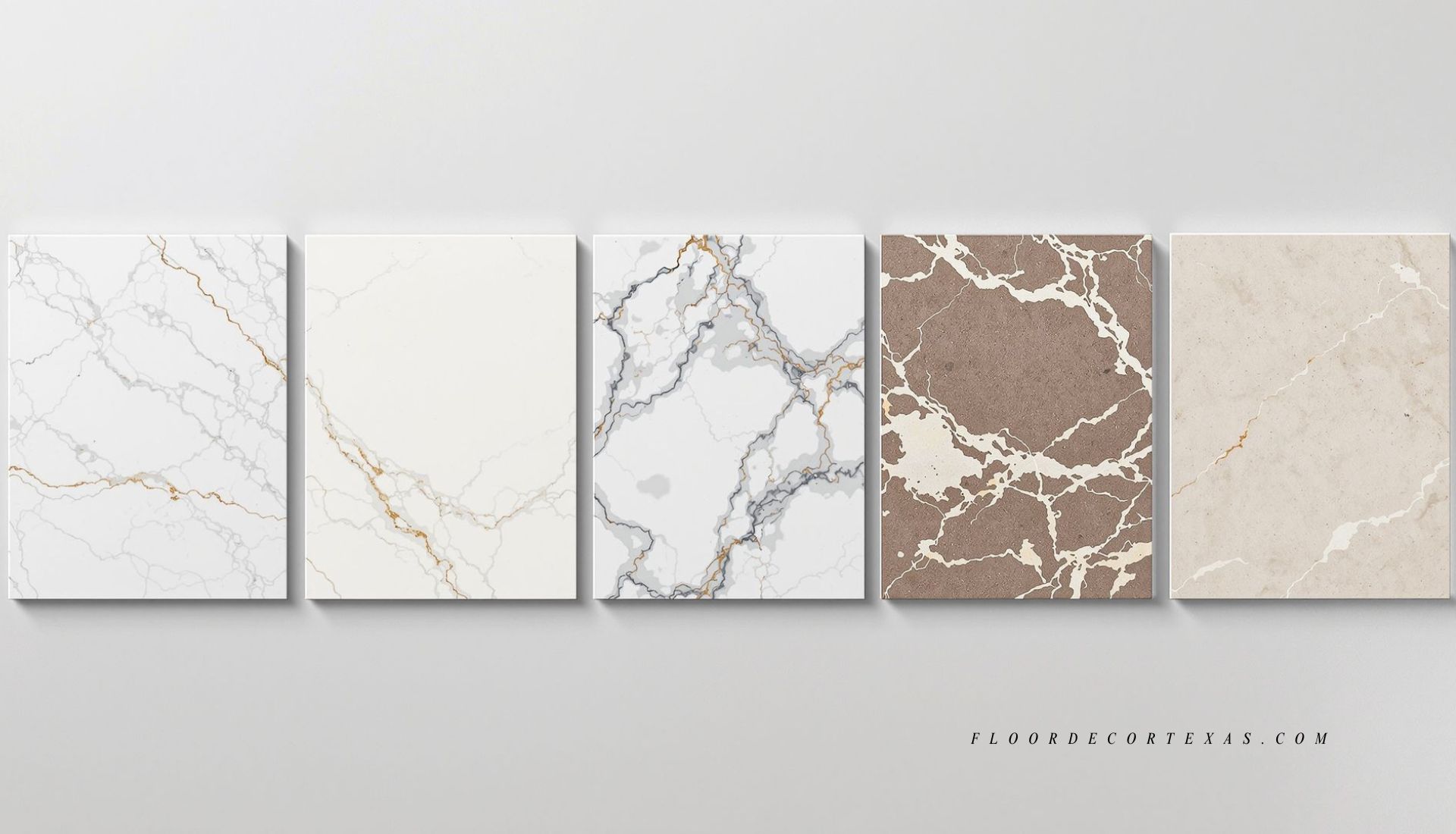 Carrara, Calacatta, Statuario, Emperador, and Crema Marfil marble tile samples side-by-side