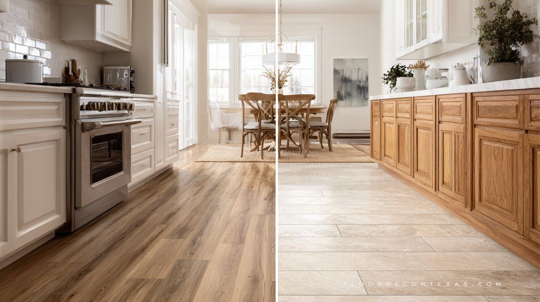 Two kitchens showing differences between LVP and porcelain tile in durability and style