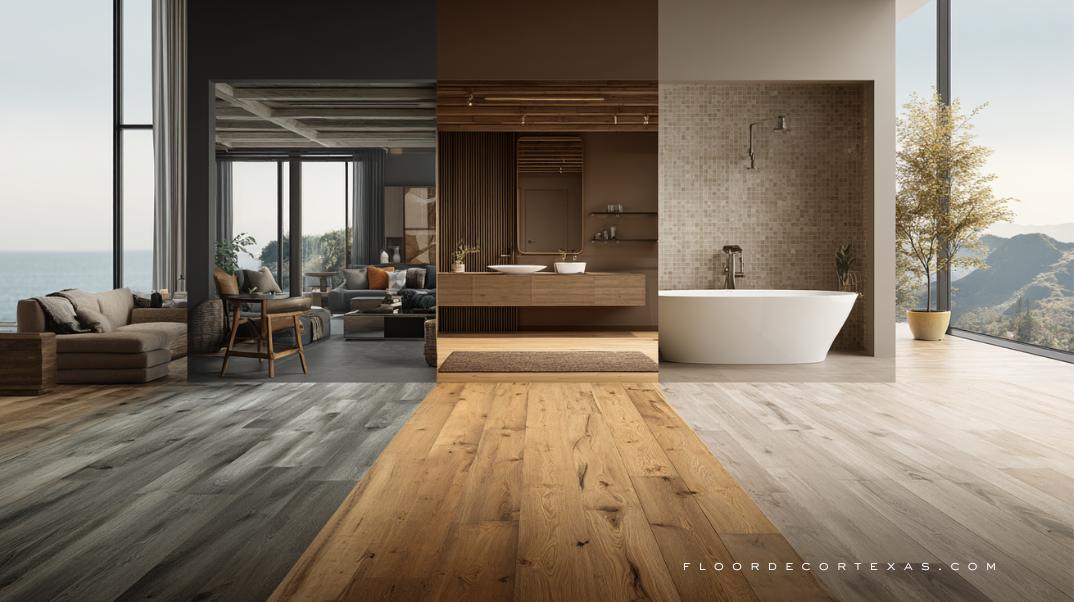 Three room scenes showing ideal laminate types for different moisture levels