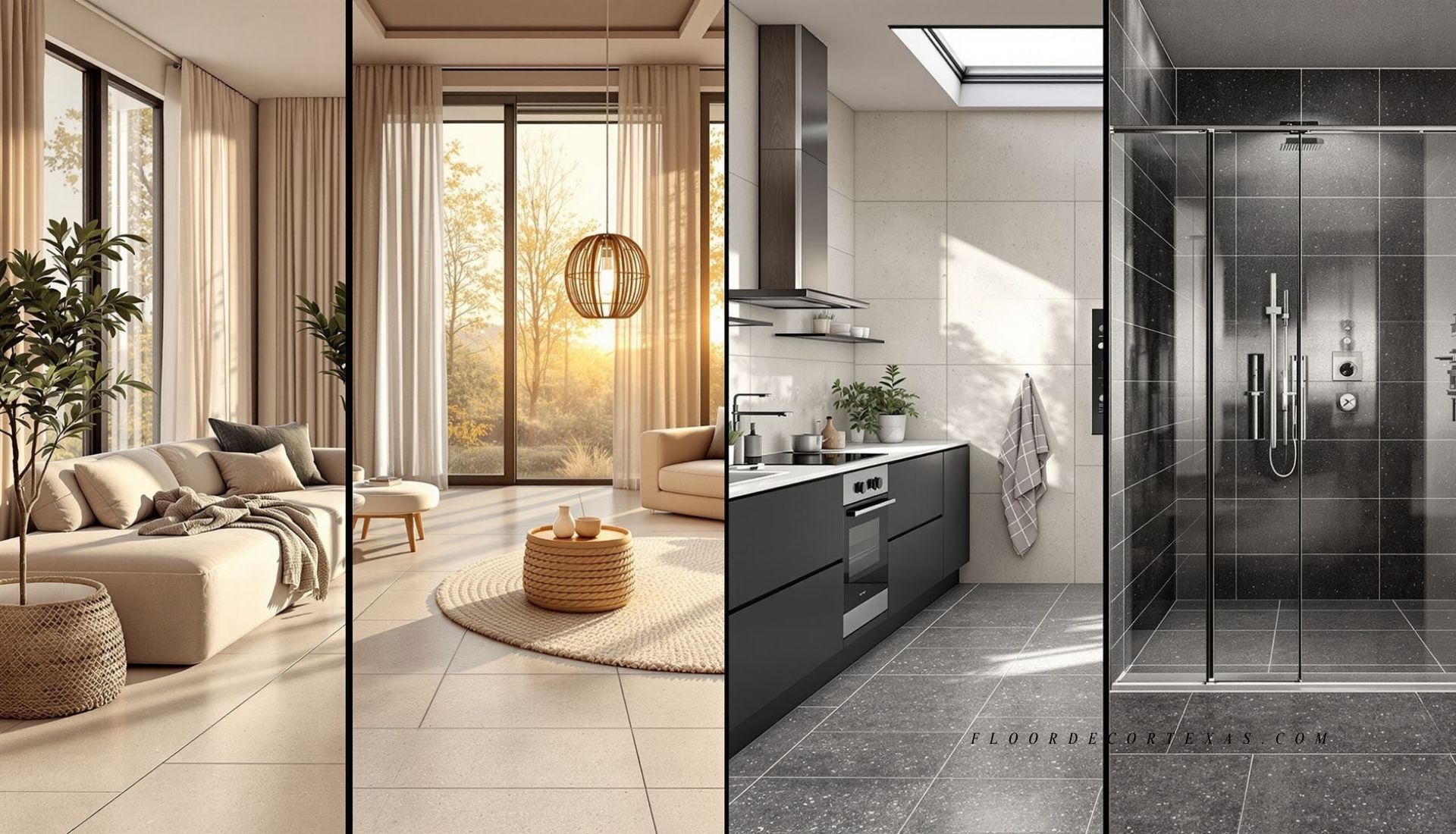 Living room, kitchen, bathroom, and patio scenes featuring stone tile flooring