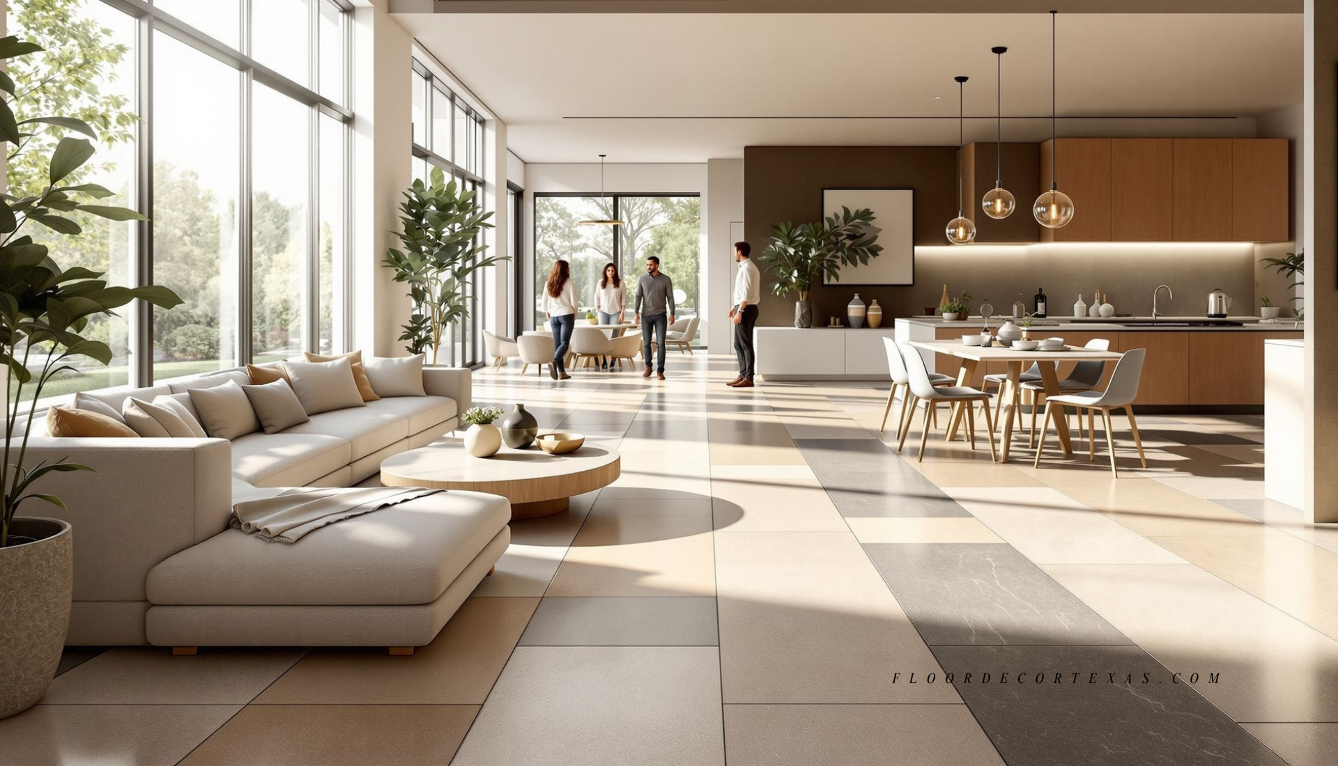 Modern living space with natural stone tile flooring illuminated by sunligh