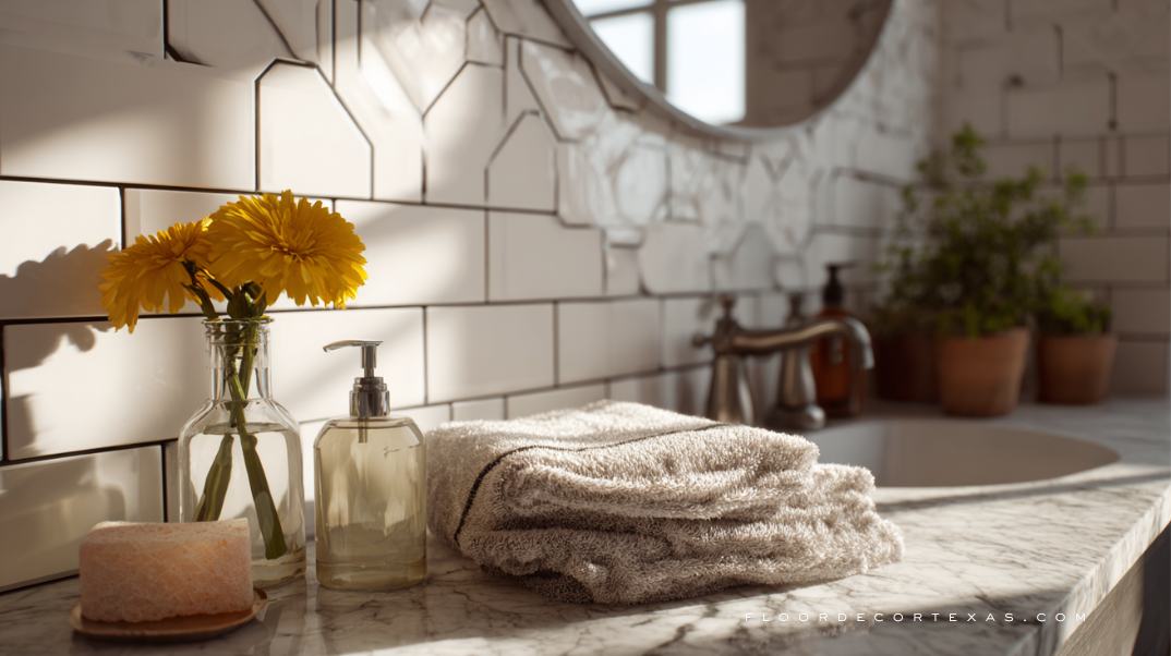 Bathroom with mixed affordable tile styles like subway and hexagon tiles