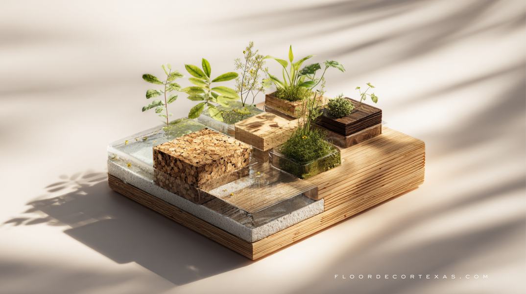 Visual comparison of bamboo, cork, and reclaimed wood flooring based on sustainability metrics