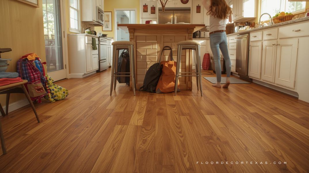 Busy family kitchen with wood-look LVP flooring and anti-fatigue mats