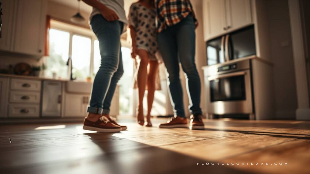 Family deciding between LVP and porcelain tile flooring in remodeled kitchen